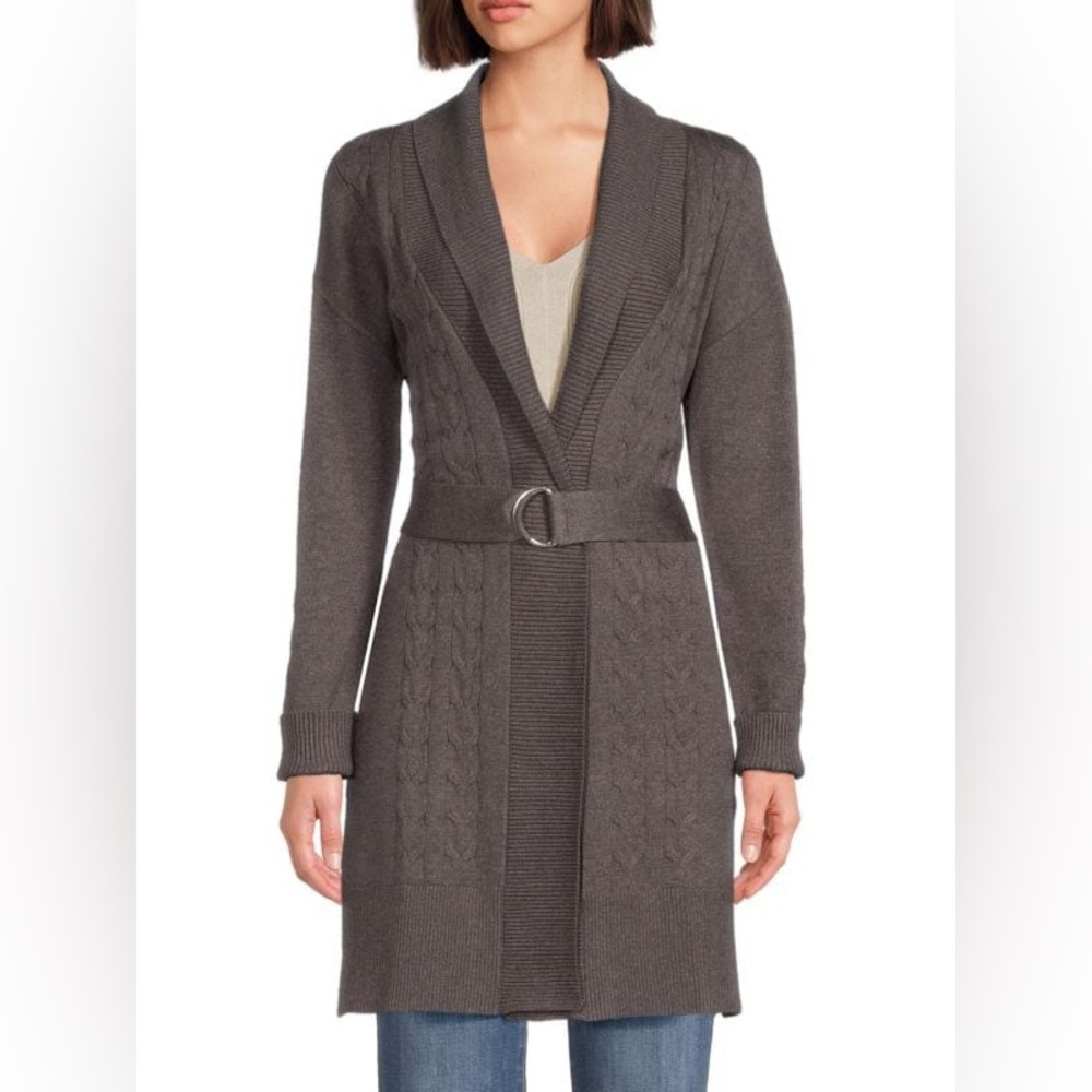 Ellen Tracy Shawl Collar Belted Wool Blend Cardigan